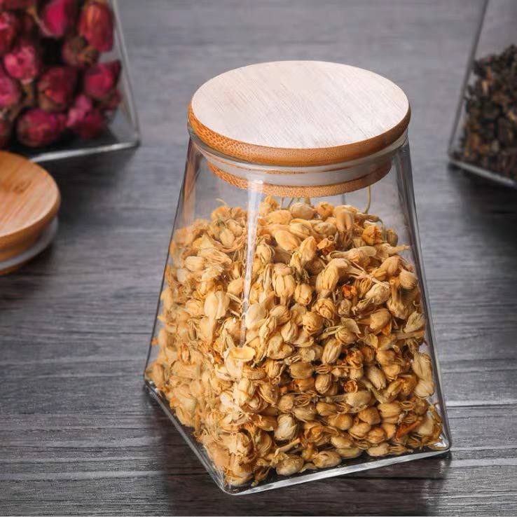 برطمان 350 ملي  زجاج بغطاء خشب محكم الغلق حفظ وتنظيم توابل وبقوليات وسكر وقهوة