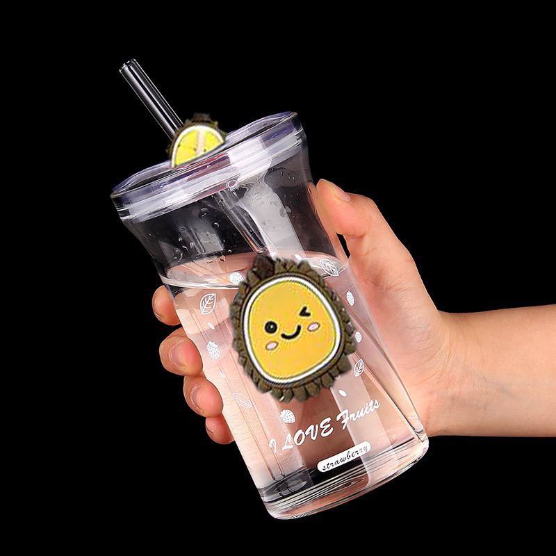 Glass Fruity Cup with Lid &amp; Straw 500 ml
