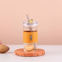 Chic Glass Cup with Lid &amp; Straw Perfect for Hot Drinks with Leather Sleeve 500 ml