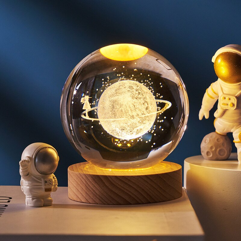 Saturn Planet Lighting Crystal Ball Wooden Base