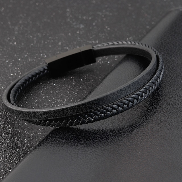 Men Black Leather 2 Layers Bracelet Metal Black Lock