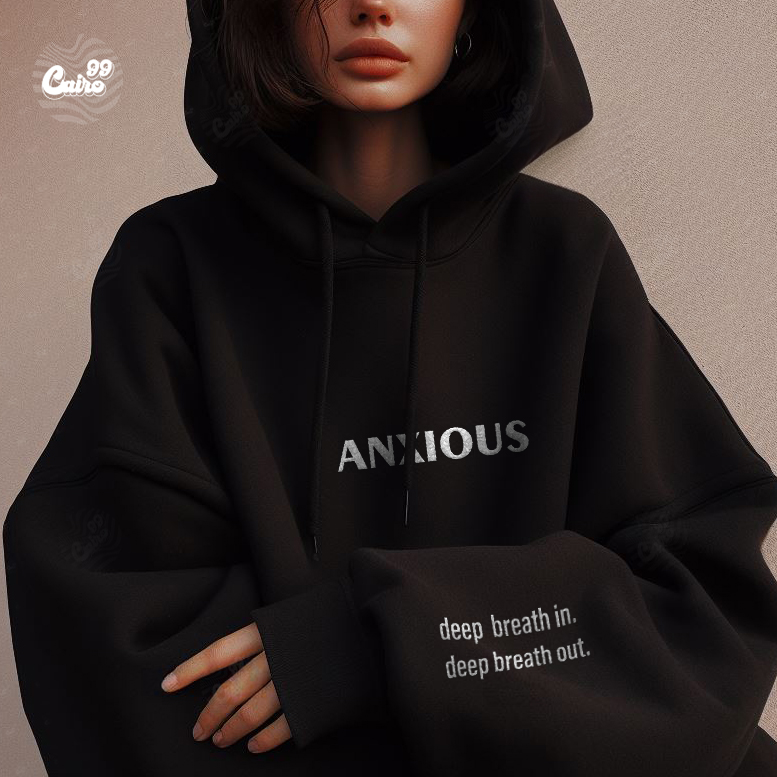 Anxious هودي اوفر سايز قطن باللون الأسود