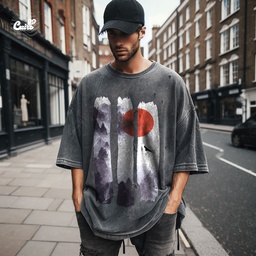 landscape print تيشيرت اوفر سايز قطن باللون الرمادي للرجال