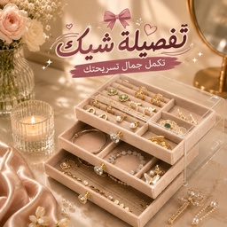[HH00036242] منظم إكسسوارات أكريليك 3 أدوار بأدراج قطيفة وتقسيمات متعددة ومقابض كريستال