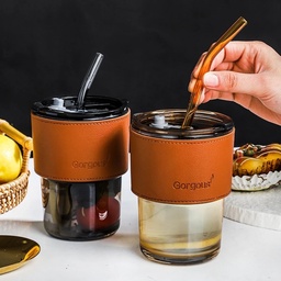 [HH00005060] Elegant Glass Cup Leather Sleeve Straw with Sealed Lid 450 ml