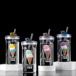 [HH00005096] Glass Mug with Lid and Straw Decorated by Ice Cream 3D Drawings 500 ml