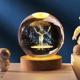 [HH00005289] Reindeer Lighting Crystal Ball Wooden Base