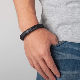 [HH00005305] Men Black Leather Bracelet Metal Silver Lock 