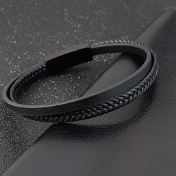 [HH00005500] Men Black Leather 2 Layers Bracelet Metal Black Lock