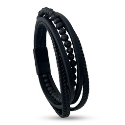 [HH00005503] Men Black Leather 5 layers Bracelet Metal Black Lock