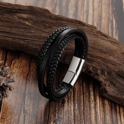 [HH00005504] Men Black Leather 2 layers Bracelet Metal Silver Lock 