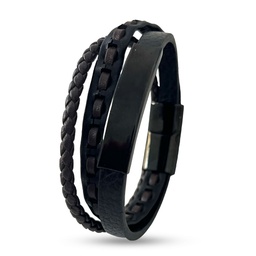[HH00005505] Men Black &amp; Brown Leather 3 layers Bracelet Metal Black Lock