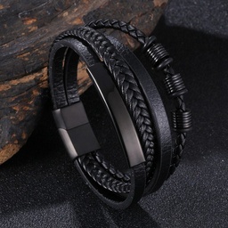 [HH00005506] Men Black Leather 4 layers Bracelet Metal Black Lock 