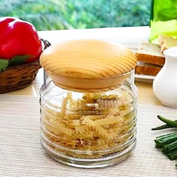 [HH00005647] برطمان زجاج مضلع لحفظ وتنظيم البقوليات والمكسرات والكورن فليكس غطاء خشب محكم الغلق 630 ملي