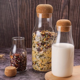 [HH00005663] طقم زجاجات 3 قطع لحفظ وتنظيم الالبان والبقوليات والمكسرات زجاج شفاف بغطاء شكل خشبي محكم الغلق