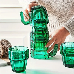 [HH00008917] طقم كوبايات صبار 4 قطع زجاج مطلي باللون الأخضر لشرب وتقديم المشروبات الساخنة والباردة