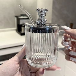 [HH00009817] مج 350 ملي بغطاء دبدوب وشاليموه لسهولة الشرب للعصائر والايس كوفي والنسكافيه بيد من الزجاج الشفاف