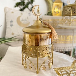 [HH00010057] تمرية رمضان كريم بغطاء مزين بهلال وفانوس لتقديم التمر والمكسرات من الزجاج والمعدن