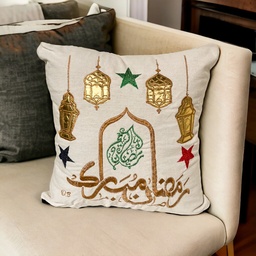 [HH00010126] اكياس مخدات مطرزة بكلمة رمضان مبارك وفوانيس ونجوم لتجديد ديكور البيت من الكتان