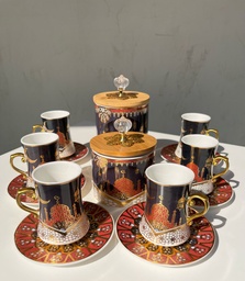 [HH00010392] طقم شاي 14 قطعة مزخرف برسومات رمضانية 6 استكانات و 6 اطباق مع 2 سكرية بأحجام مختلفة من البورسلين
