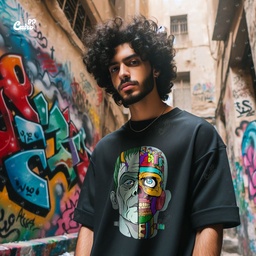 Frankenstein Freak تيشيرت اوفر سايز قطن باللون الأسود للرجال