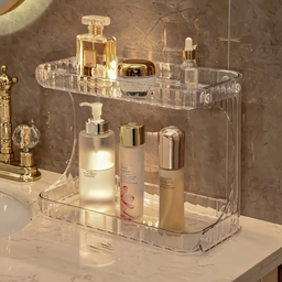 حامل اكليريك شفاف 2 دور لحمل وتنظيم ادوات المكياب والشعر والعطور ومستلزمات الحمام
