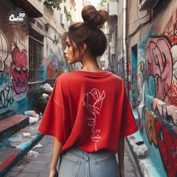 Woman Flower  تيشيرت اوفر سايز قطن باللون الاحمر للنساء