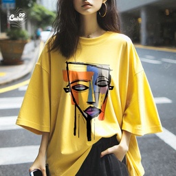 Abstract Art تيشيرت اوفر سايز قطن باللون الاصفر للنساء