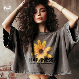 Happiness Is Only Real When Shared كروب توب اوفر سايز باللون الرمادي